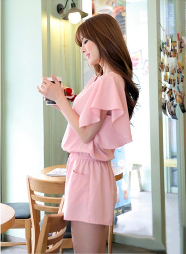 

New Cute Women Jumpsuit Butterfly Sleeves Side Pockets Stretch Waist Brief Playsuit Short Rompers Pink