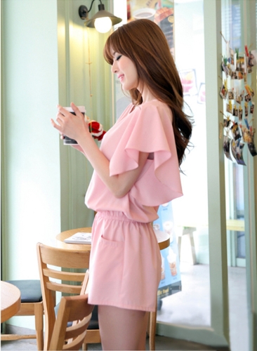 New Cute Women Jumpsuit Butterfly Sleeves Side Pockets Stretch Waist Brief Playsuit Short Rompers Pink