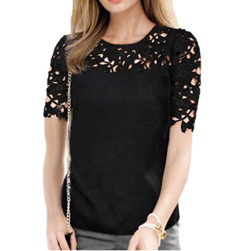 

Fashion Hollow Lace Short Sleeve Round Neck Chiffon Blouse