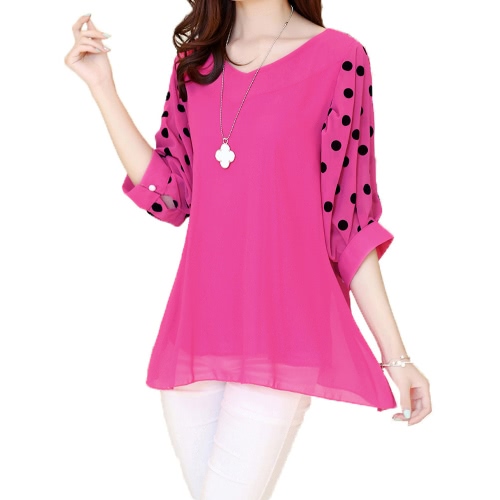 Tops de moda las mujeres blusa de Gasa lunares manga del Batwing V-cuello camisa suelta rosa