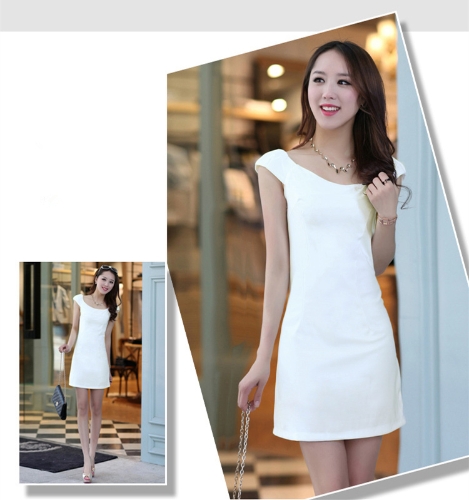 

Fashion Women Slim Dress O-Neck Cap Sleeves Fitted Elegant Dress White