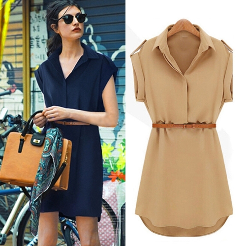 

New Fashion Women Shirt Dress Turn-down Collar Short Sleeve Mini Dress Camel