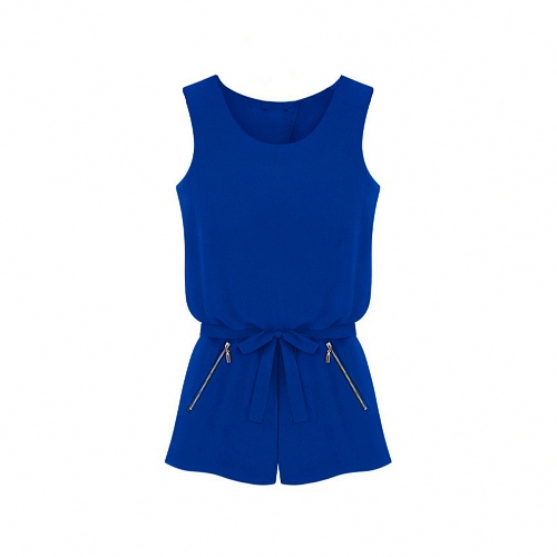 New Fashion Women Chiffon Rompers Open Back Sleeveless Short Pants Jumpsuit Royal Blue