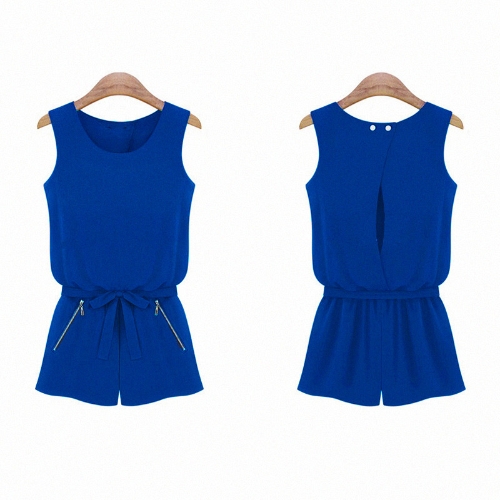 

New Fashion Women Chiffon Rompers Open Back Sleeveless Short Pants Jumpsuit Royal Blue