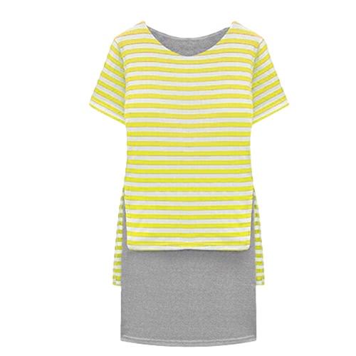 

New Casual Women Dress Stripe Overlay O-Neck Short Sleeves Fashion One-piece Yellow