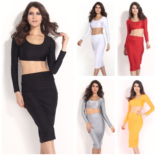 

Сексуальные женщины две штуки с длинным рукавом Bodycon культур Топ карандаш юбка Платье Twin набор Белая вечеринка Клубная одежда