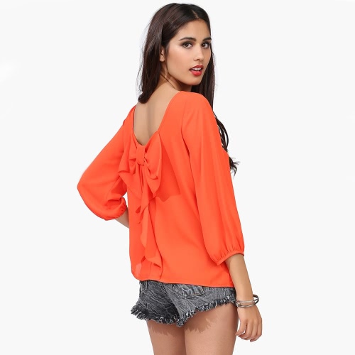 Sexy Frauen Chiffon Bluse ausgeschnitten zurueck Bowknot lose Tops Orange