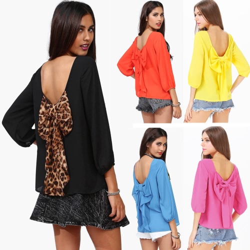 

Sexy Women Chiffon Blouse Cut Out Back Bowknot Loose Tops Orange