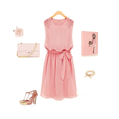 

Fashion Women Chiffon Dress Handmade Bead Shoulder Sleeveless Pleated Vest Dress Pink