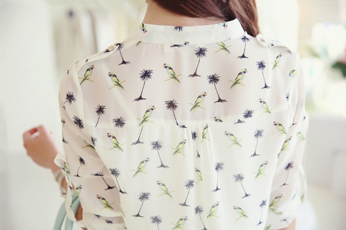 

New Vintage Women Chiffon Shirt Print Stand Collar Long Sleeve Blouse with Camisole White