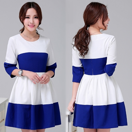 

Fashion Women Sweet Dress Color Block Patchwork 3/4 Sleeve Elegant Dress Blue