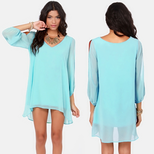 

Fashion Women Chiffon Dress Candy Color Deep V-Neck Split Sleeves Irregular Hem Casual Loose Mini Dress Light Blue