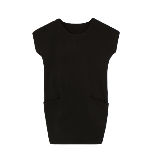 

New Europe Women Casual Dress Side Pockets Crew Neck Short Sleeve Loose Dress Black