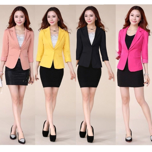 

New Vogue Women Slim Blazer Candy Color 3/4 Sleeve One Button Lace Coat Outerwear Rose