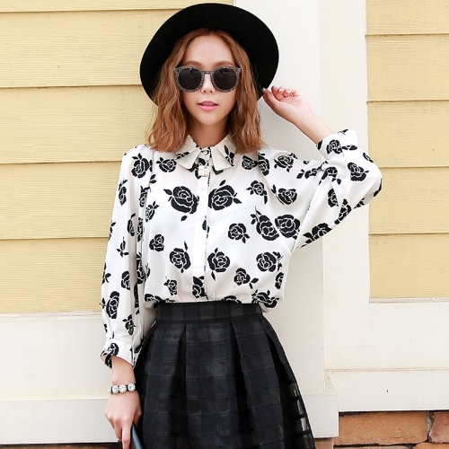 Fashion Women Floral Shirt 3/4 Batwing Sleeves Turn-down Collar Loose Button Blouse Tops White