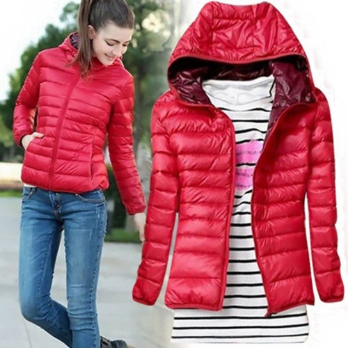 

Fashion Women Hoodies Quilted Candy Color Zip Thin Coat Short Outerwear Red