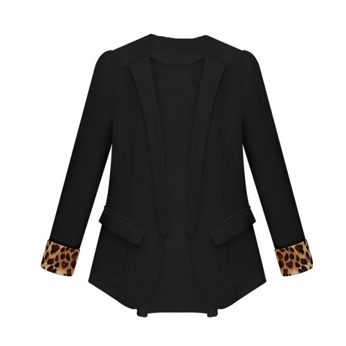 New Fashion Women Thin Chiffon Blazer Leopard Cuffs Decorative Pockets Casual Slim Coat Outwear Jacket Black