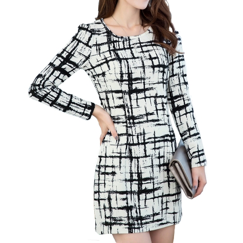 

Fashion Women Vintage Slim Dress Color Block Plaid Long Sleeve Crew Neck Mini Dress Black
