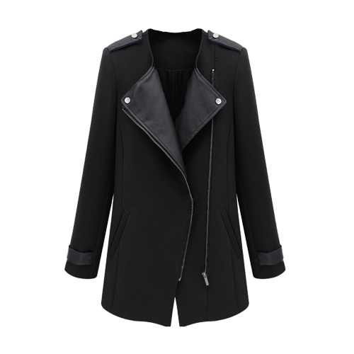 New Fashion Women Coat PU Leather Patchwork Zipper Front Warm Jacket Trench Outwear Black