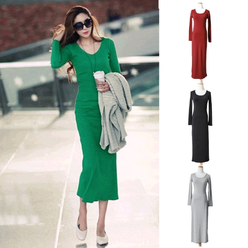 

Korean Fashion Women Maxi Dress Mid-Calf Long Sleeve Pure Color Knitted Long Dress