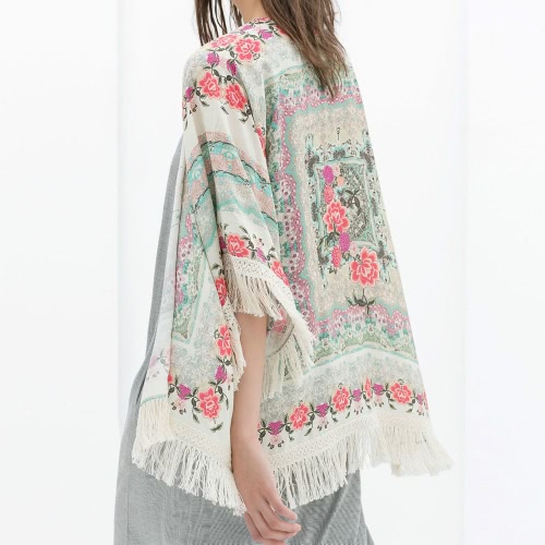 

Новые ретро женщин Boho кимоно цветочные печати Fringe открытой передней свободные шаль кардиган блузка
