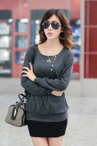 New Fashion Women T-shirt Button O-Neck Batwing Sleeve Casual Large Size Bottoming Shirt