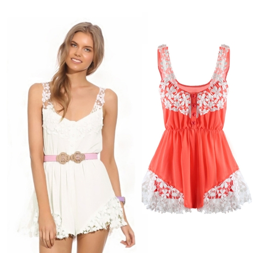 Fashion Women Chiffon Rompers Lace Floral Front Button Elastic Waist Sleeveless Beach Dress Jumpsuit