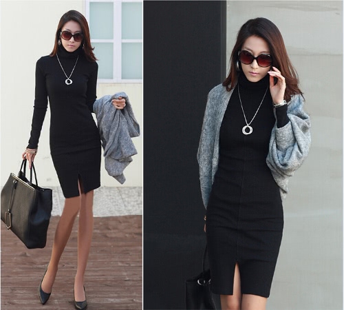 

New Korean Women Dress Turtle Neck Long Sleeve Split Design Slim OL Lady Bodycon Knit Dress