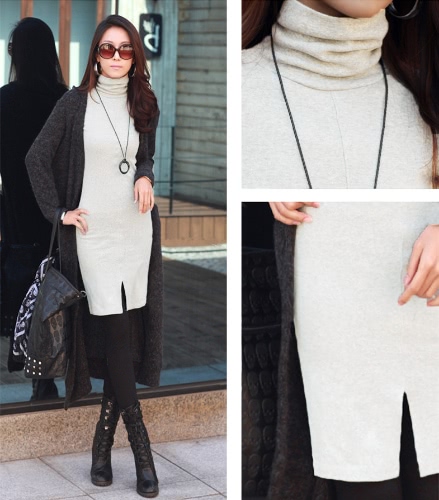 

New Korean Women Dress Turtle Neck Long Sleeve Split Design Slim OL Lady Bodycon Knit Dress