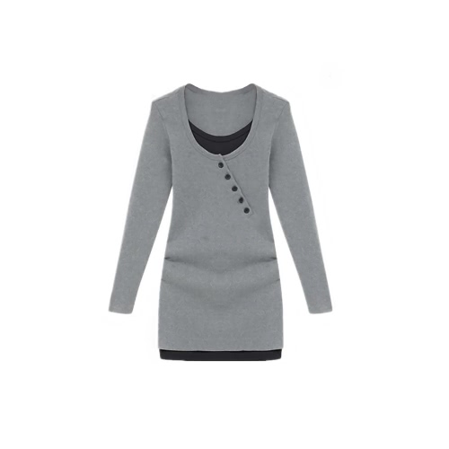 

Fashion Women Slim T-shirt Color Block Patchwork Faux Two-piece Long Sleeve Blouse Tops