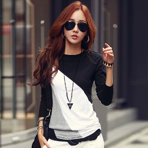 

New Fashion Women T-Shirt Patchwork Crew Neck Long Sleeve Casual Slim Top