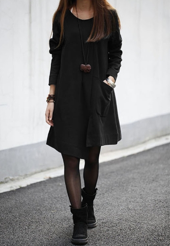 

New Fashion Women Dress Patchwork Pocket Split Front Irregular Hem Crew Neck Long Sleeve Loose Dress