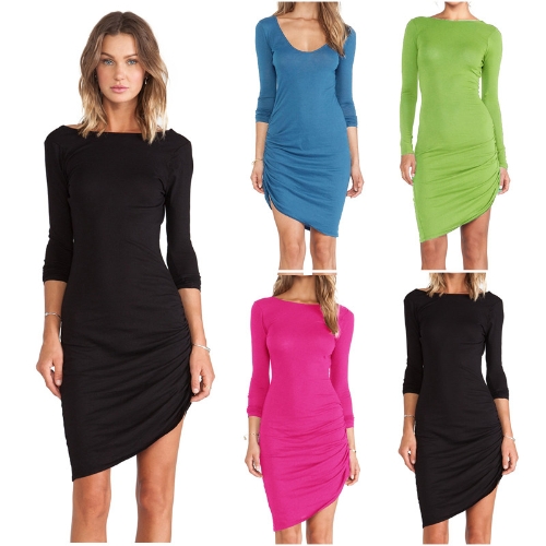 

New Fashion Women Bodycon Dress Candy Color Scoop Neck Long Sleeve Asymmetric Dress
