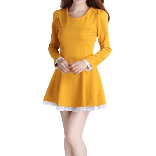 

New Fashion Women Dress Lace trim Lace-up Back Long Puff Sleeve Pleated Slim Fit Black/Beige/Yellow