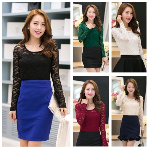 

New Fashion Women Lace T-Shirt Hollow Out Crew Neck Long Sleeve Casual Top