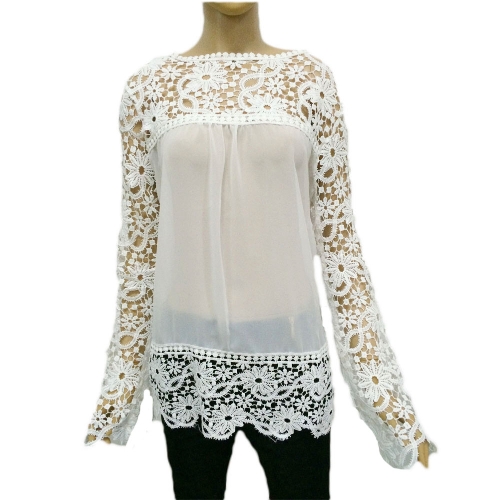 Nuova moda donne camicetta in Chiffon pizzo Crochet ricamo manica pura Tee Top camicia bianco/blu/giallo