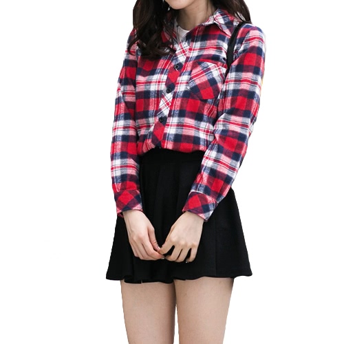 Korean Fashion Women Shirt Plaid Check Pattern Turn-down Collar Long Sleeve Pocket Casual Tops for Couple