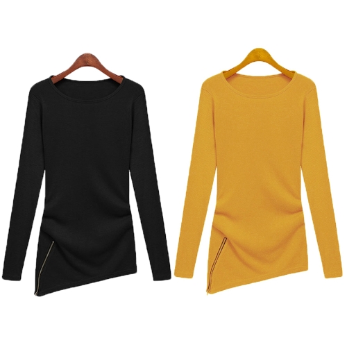

Fashion Women T-Shirt Crew Neck Long Sleeve Asymmetric Hem Zipper Solid Blouse Top Black/Yellow