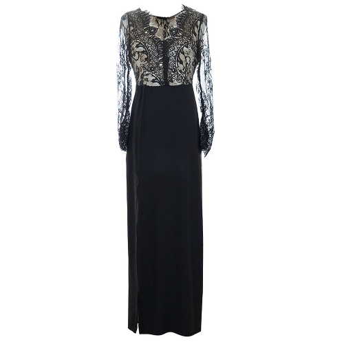 

Sexy Women Maxi Dress Eyelash Lace Zip Back Thigh Split Deep V Long Sleeve Evening Cocktail Long Dress Black