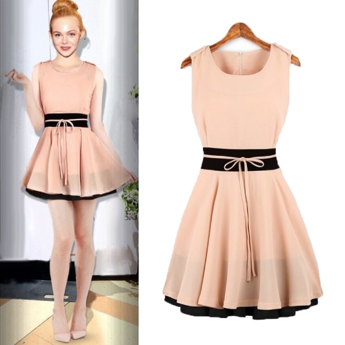 

New Fashion Women Chiffon Dress Contrast Waist Color Block Crew Neck Sleeveless Slim Dress Pink/Dark Blue