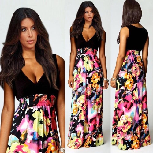 

Fashion Women Summer Dress Floral Print Sexy V Neck Sleeveless Maxi Dress Black