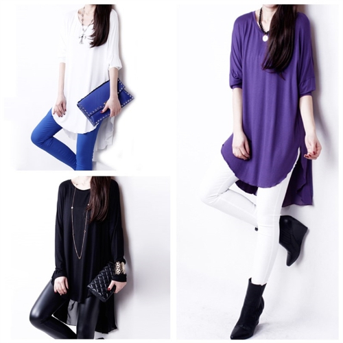 

Fashion Women T-Shirt Chiffon Patchwork Asymmetric Hem Crew Neck Batwing Sleeve Loose Top Black/White/Purple