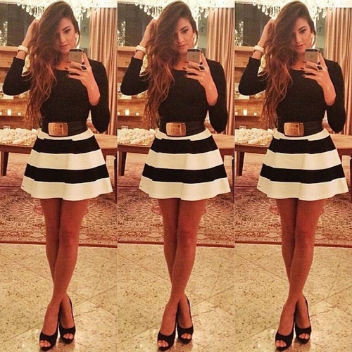 Fashion Women Stripe Mini Dress Crew Neck Long Sleeve Sexy Slim Party Dress without Belt Black