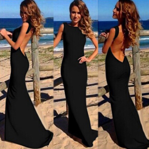 Sexy Women Maxi Dress Bare Back Asymmetric Hem Crew Neck Sleeveless Prom Evening Party Gown Black/White/Red