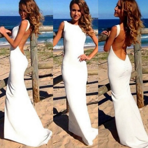 Sexy Women Maxi Dress Bare Back Asymmetric Hem Crew Neck Sleeveless Prom Evening Party Gown Black/White/Red