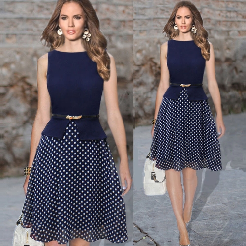 Fashion Women Dress Polka Dot Print Chiffon Patchwork Back Zipper Crew Neck Sleeveless Party Dress Dark Blue