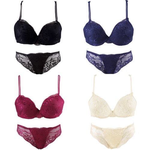 

New Women Bra Set Deep V Floral Lace Push Up Back Closure Underwire Underwear with Briefs
