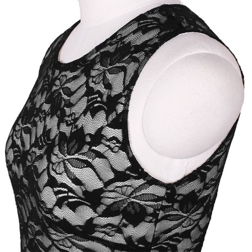 

New Fashion Women Dress Floral Lace Patchwork Color Block Sleeveless Elegant Pencil Dress Black