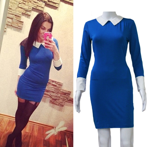 

Fashion Women Mini Dress Contrast Color Turn-Down Collar Long Sleeve Casual Dress Black/Blue/Red