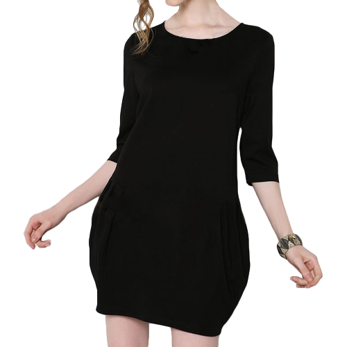 

New Fashion Women Bud Dress Twin Pockets Drape Detailing Half Sleeve Mini Dress Black/Green
